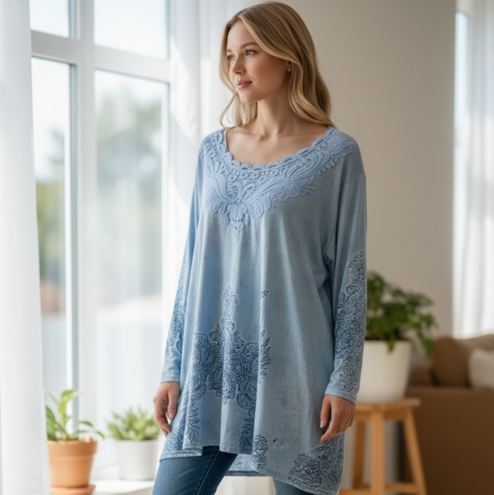 4XL Blue Embroidered Tunic Top – Boho Long Sleeve | 100% Polyester